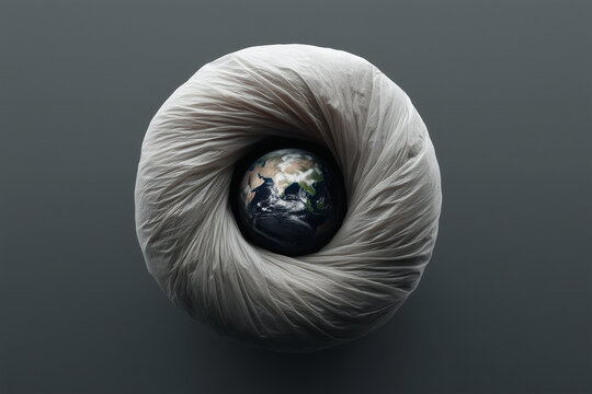 A powerful and impactful visual of planet Earth trapped within a swirling, cocoon-like formation of a white plastic bag. The image is set against a dark, minimalist gray background, drawing all attent