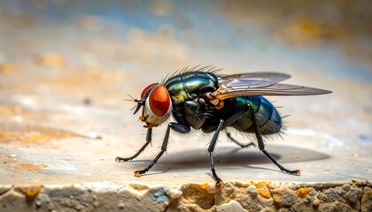Close-up of a metallic green fly with vibrant red eyes, perched on a textured surface.
