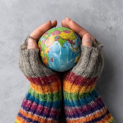 World environment day concept with hands in colorful sweater holding earth globe on grey background
