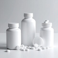 Three blank white medicine bottles and scattered pills sit on a plain white surface.