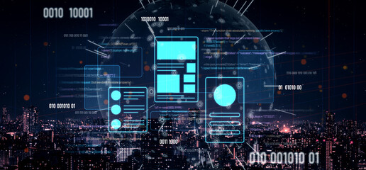 UI UX mockup showing application layout, structure, and code interface. UI design defines user...