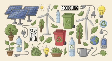Icon Set Vector Collection of Hand Drawn Eco Friendly Environment Doodles