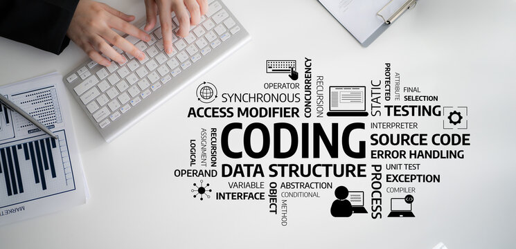 A modern workspace featuring hands typing on a keyboard, surrounded by coding terminology and graphs, emphasizing technology, education, and innovation concepts. Tessel