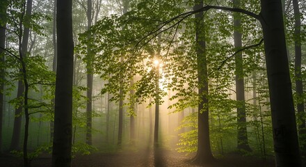 Golden Sunbeams Illuminating a Serene Forest.