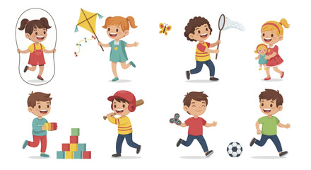 Fototapeta premium Cartoon Children Playing Vector Illustration Set of Kids Activities and Toys