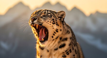 Naklejka premium A majestic snow leopard with its mouth wide open, showcasing its sharp teeth and pink tongue, against a backdrop of sunlit mountains.