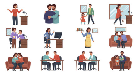 People and Relationships Vector Illustration Set with Diverse Family and Office Characters