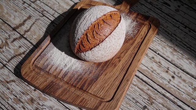 Top-down view of rustic bread on a wooden board, dusted with flour. Sunlight casts shadows, creating a warm, inviting video-ready scene.