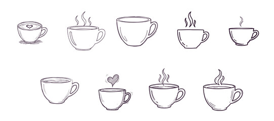 Vector icons of coffee and tea cups, mugs, and glasses, a set of hot beverages for cafe and restaurant menus