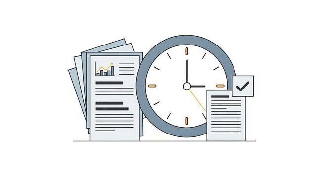 Deadline and Progress: An abstract illustration of a clock next to a stack of documents, representing the concept of time management, task completion, and the relentless rhythm of work life.