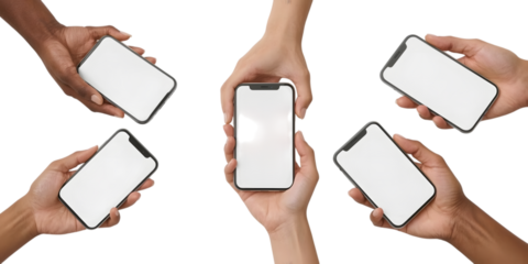 Hands Holding Smartphone: Hands of diverse individuals showcasing sleek smartphones with blank screens, ready for digital integration. This image encapsulates connection, user interface potential.
