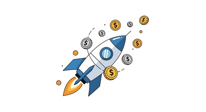 Financial Ascent: A dynamic illustration of a rocket soaring skyward, accompanied by scattered coins, symbolizes financial growth, investment success, and the upward trajectory of wealth accumulation.
