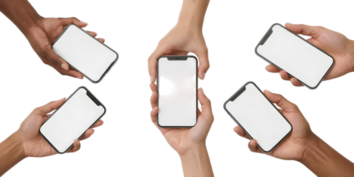 Hands Holding Smartphone: Hands of diverse individuals showcasing sleek smartphones with blank screens, ready for digital integration. This image encapsulates connection, user interface potential.