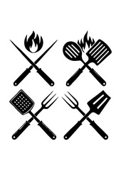 Set of Barbecue Tools with Fire and Grill Icons