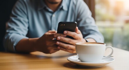 Man using smartphone at coffee shop, close-up hands and latte.  Modern lifestyle, technology, and communication concept. Perfect for websites, blogs, and social media.