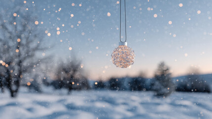 christmas ornament animated through smartphone sits beautifully in snowy landscape
