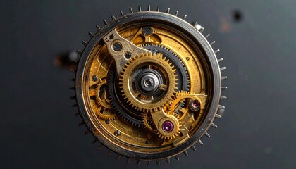 Close-up of golden mechanical watch gears with jewel bearing, showing interlocking components and circular arrangement, highlighting precision engineering and horological craftsmanship.
