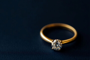 A gleaming gold ring with a brilliant cut stone sits elegantly against a dark blue backdrop, radiating luxury and timeless beauty in its simple yet refined design.