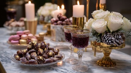 Fototapeta premium Elegant holiday table setting with candles, flowers, and desserts