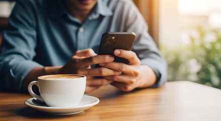 Man using smartphone in cafe, enjoying latte.  Relaxed businessman checking phone and drinking coffee. Perfect for work-life balance, technology, and coffee break themes.