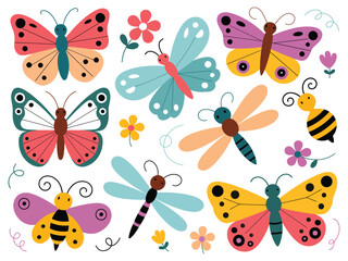 Whimsical butterflies bees and dragonflies surrounded by colorful flowers