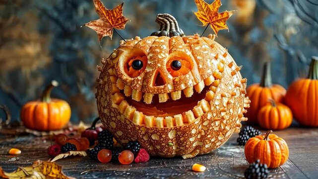 Cheerful pumpkin lantern surrounded by autumn leaves and gourds
