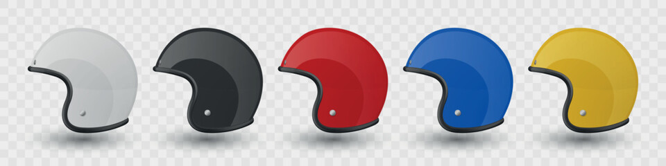 Vector 3d Motorcycle Helmet Set - White, Black, Red, Blue, Yellow Colors. Open Face Helmet Vector Illustration. Protective Gear for Bikers, Motorcyclists. Safety Helmet Design, Motorcycle Helmet Icon