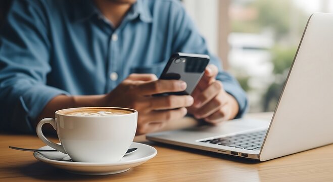 Man using smartphone & laptop in cafe, latte art coffee. Remote work, digital nomad, business, technology, coffee break concept.