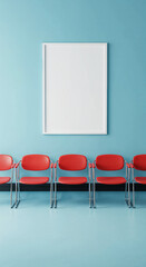 Waiting room with red chairs against light blue walls, minimalistic and modern