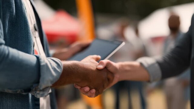 Concentrated athletes hand navigating tablet to finalize NIL signature handshake out of focus in foreground with event banner fading softly in back.