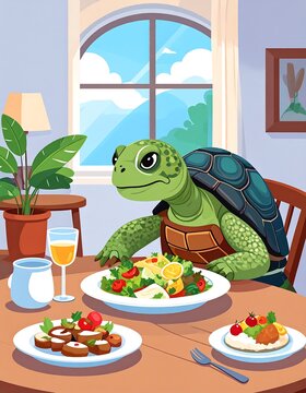 A cartoon turtle at a table with a salad