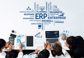 A diverse team collaborates in a modern office setting, focusing on ERP solutions, analyzing financial data, and discussing strategies for effective enterprise management. Amity