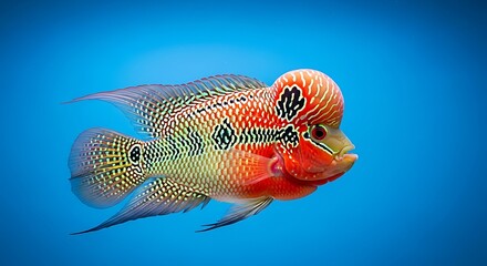 Flowerhorn fish in vibrant colors swimming gracefully against a blue gradient background