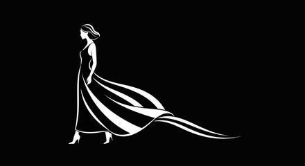 Elegant woman in a flowing evening gown rendered as a minimalist white line silhouette on black for fashion runway posters and luxury branding
