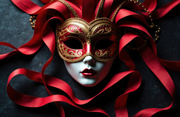 A woman wearing an ornate red and gold masquerade mask with flowing ribbons surrounds her face