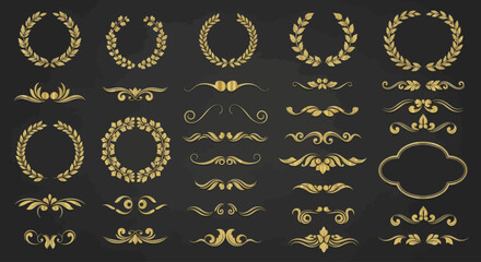 Gold laurels and vintage flourishes vector illustration in elegant metallic style featuring wreaths decorative frames dividers and ornamental swirls on dark background for luxury branding and invitati