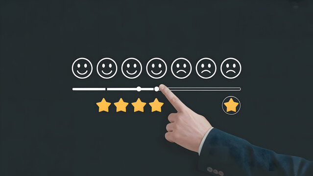A hand selecting a rating on a slider with smiley faces and stars against a dark gray background