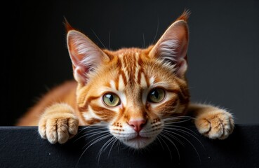 Obraz premium Playful orange tabby cat with green eyes resting on a dark surface
