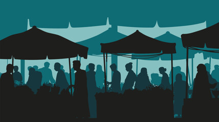 Vibrant silhouette of shoppers browsing fresh produce at an outdoor farmers market on a sunny day