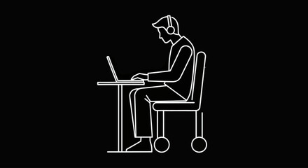Minimalist Line Art Vector Illustration of a Person at a Desk Working on a Laptop with Headphones