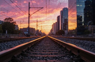 Fototapeta premium Aerial view of railway tracks during sunset with city buildings in the background