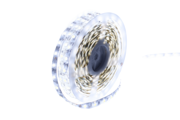 Rolled LED strip light. A coiled LED strip light, white in color, is centrally positioned.