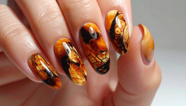 A close-up of a glossy and intricate tortoiseshell nail art design on long, elegant nails.