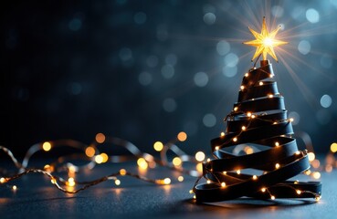 A small Christmas tree made of ribbon with a star on top and string lights glowing around it