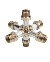 Brass and clear plastic plumbing connector.  Five brass fittings arranged in a starburst or cross pattern, with clear plastic/acrylic connecting pipes.  High-quality, precise construction.