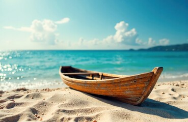 Obraz premium A wooden boat rests on sandy beach with calm ocean and blue sky in the background