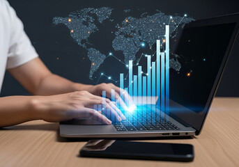 Person typing on a laptop with a glowing world map and bar graph overlay, symbolizing global business and data analysis