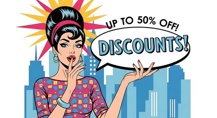 Pop Art Woman Promoting City Discounts with a Shushing Gesture and Retro Charm