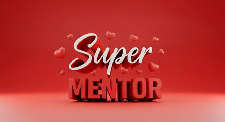3D Render of Super Mentor Text with Red Hearts on Red Background for Mentor Appreciation Thank You Card Gift or Celebration Design