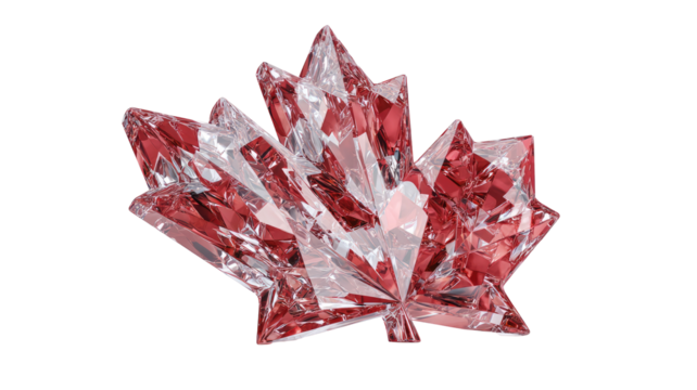 A vibrant, 3D rendering of a stylized maple leaf, composed offaceted, translucent,  red-rose crystals